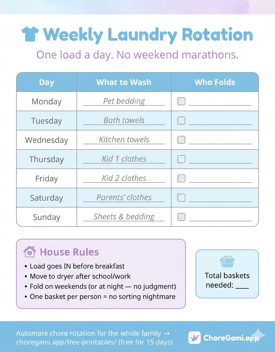 Free printable weekly laundry rotation schedule — one load a day, assigned by family member